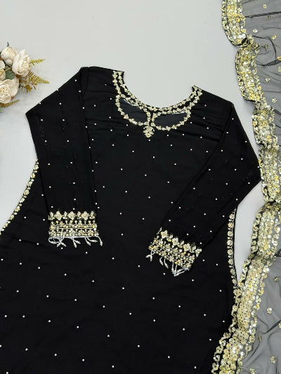 Black Georgette Embroidered Sharara Suit for Women