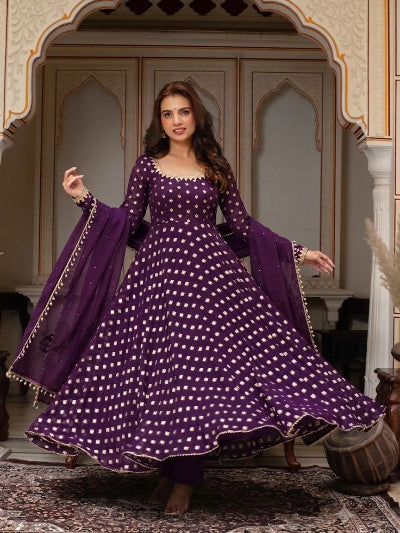Wine Purple Chanderi Jacquard Mirror Work Anarkali Suit