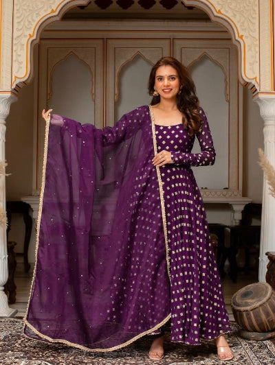 Wine Purple Chanderi Jacquard Mirror Work Anarkali Suit