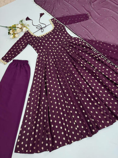 Wine Purple Chanderi Jacquard Mirror Work Anarkali Suit