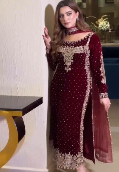 Maroon Partywear Velvet Designer Salwar Suit Set UK Next Day - BONYHUBSALWAR KAMEEZ