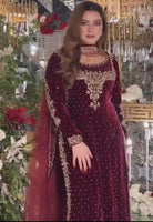 Maroon Partywear Velvet Designer Salwar Suit Set UK Next Day - BONYHUBSALWAR KAMEEZ