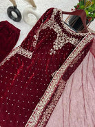 Maroon Partywear Velvet Designer Salwar Suit Set UK Next Day - BONYHUBSALWAR KAMEEZ