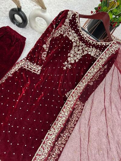 Maroon Partywear Velvet Designer Salwar Suit Set UK Next Day - BONYHUBSALWAR KAMEEZ