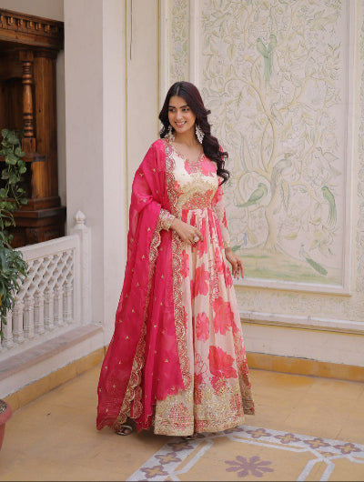 Pink Floral Embroidery Anarkali Gown Dupatta Set Of 2