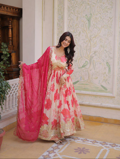 Pink Floral Embroidery Anarkali Gown Dupatta Set Of 2