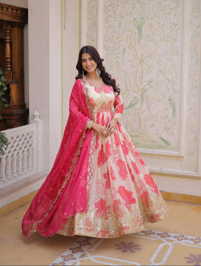 Pink Floral Embroidery Anarkali Gown Dupatta Set Of 2