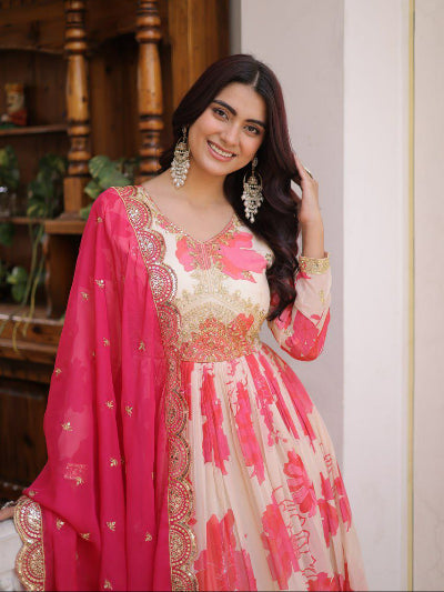 Pink Floral Embroidery Anarkali Gown Dupatta Set Of 2