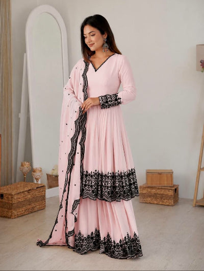 Baby Pink Georgette Embroidery Work Anarkali Palazzo Suit