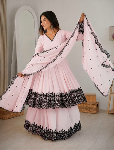 Baby Pink Georgette Embroidery Work Anarkali Palazzo Suit