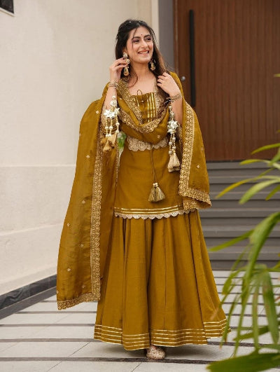 Mustard Gold Embroidered Chinon Silk Sharara Suit Set
