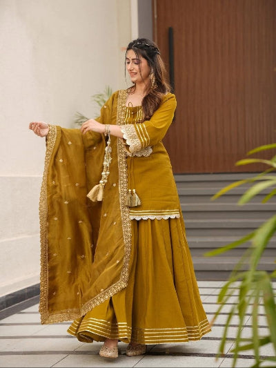 Mustard Gold Embroidered Chinon Silk Sharara Suit Set