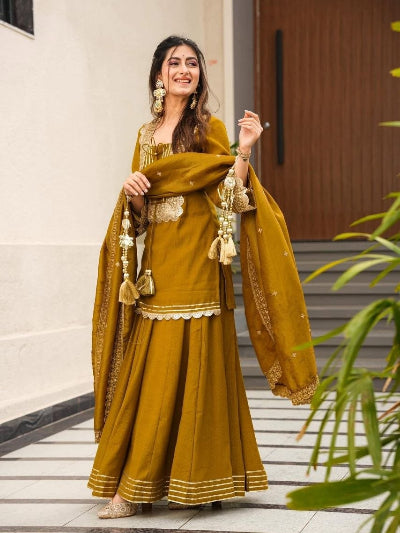 Mustard Gold Embroidered Chinon Silk Sharara Suit Set