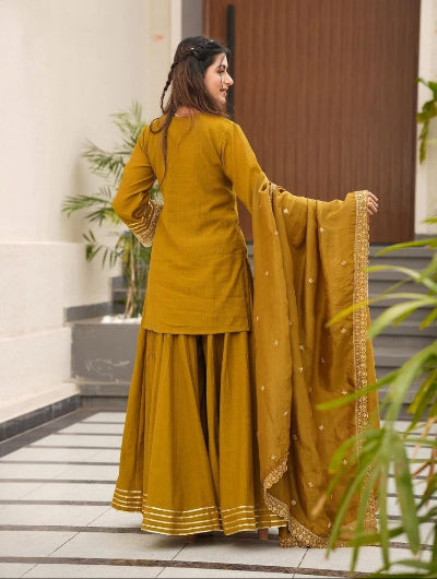 Mustard Gold Embroidered Chinon Silk Sharara Suit Set