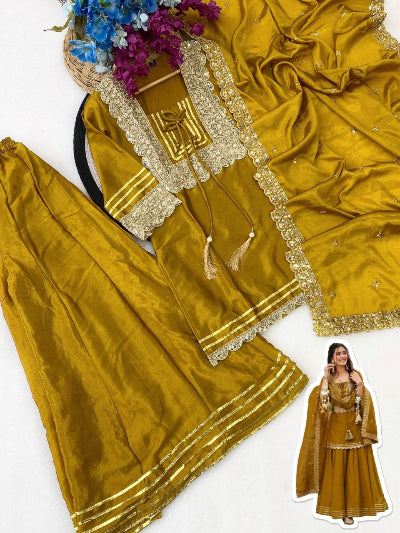 Mustard Gold Embroidered Chinon Silk Sharara Suit Set