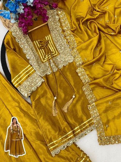 Mustard Gold Embroidered Chinon Silk Sharara Suit Set