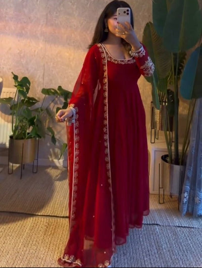 Classic Red Georgette Embroidered Moti Work Anarkali Gown Set