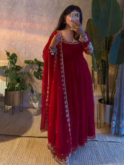 Classic Red Georgette Embroidered Moti Work Anarkali Gown Set