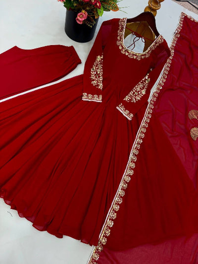 Classic Red Georgette Embroidered Moti Work Anarkali Gown Set