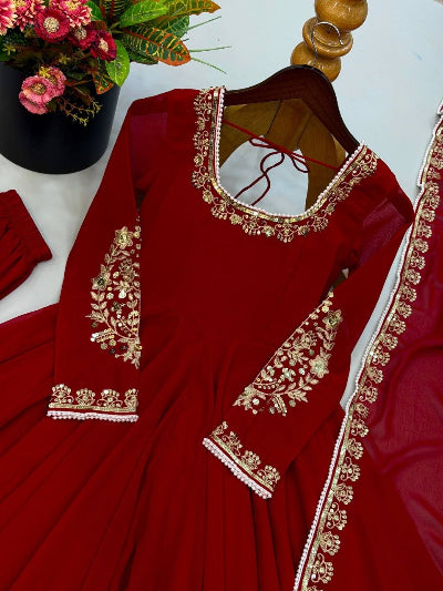 Classic Red Georgette Embroidered Moti Work Anarkali Gown Set