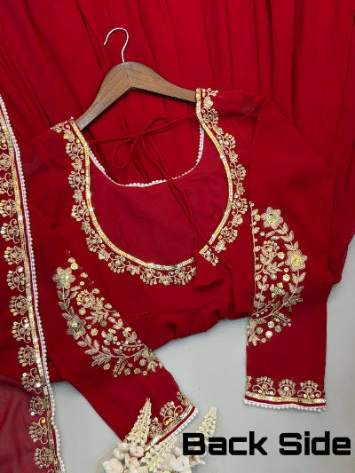 Classic Red Georgette Embroidered Moti Work Anarkali Gown Set