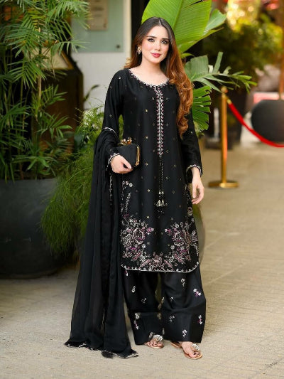 Black Embroidered Designer Wear Farshi Suit Set