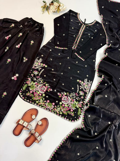 Black Embroidered Designer Wear Farshi Suit Set