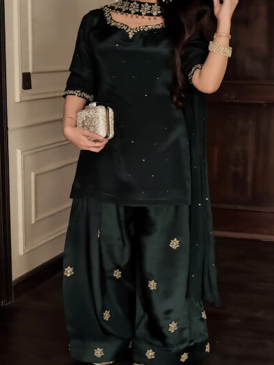 Bottle Green Embroidery Farshi Suit UK Next Day