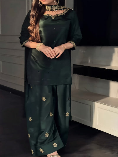 dark bottle green farshi suit modest fashion 