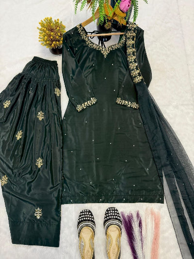 Bottle Green Embroidery Farshi Suit UK Next Day