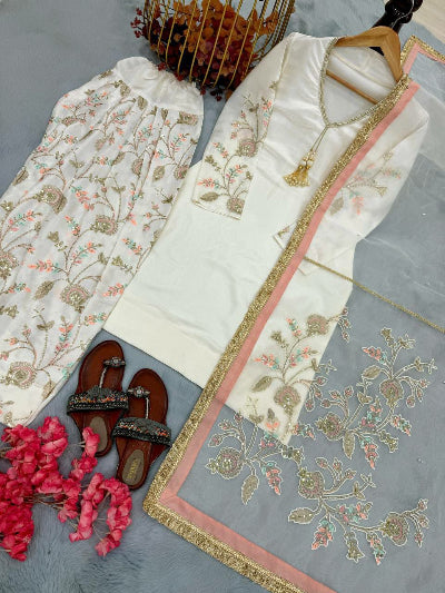 Ivory Embroidery Work Farshi Suit Organza Dupatta