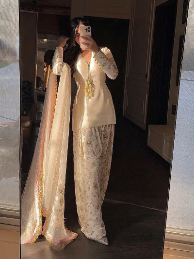 Ivory Embroidery Work Farshi Suit Organza Dupatta