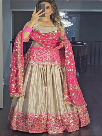 Pink &amp; Gold Embroidered Chinon Silk Kurti Lehenga Skirt Dupatta Set