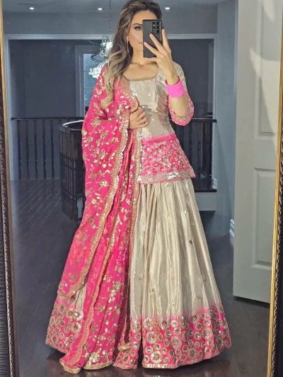 Pink &amp; Gold Embroidered Chinon Silk Kurti Lehenga Skirt Dupatta Set