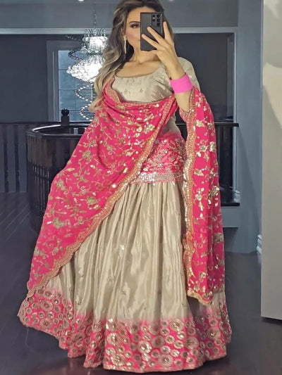 Pink &amp; Gold Embroidered Chinon Silk Kurti Lehenga Skirt Dupatta Set