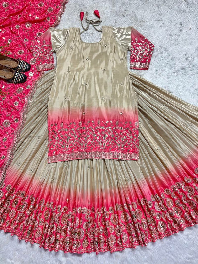 Pink &amp; Gold Embroidered Chinon Silk Kurti Lehenga Skirt Dupatta Set