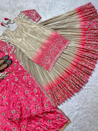 Pink &amp; Gold Embroidered Chinon Silk Kurti Lehenga Skirt Dupatta Set