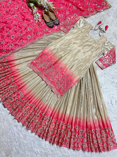 Pink &amp; Gold Embroidered Chinon Silk Kurti Lehenga Skirt Dupatta Set