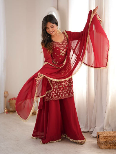 Deep Red Embroidered Georgette Sharara Palazzo Suit Set