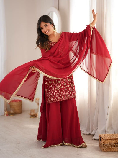 Deep Red Embroidered Georgette Sharara Palazzo Suit Set