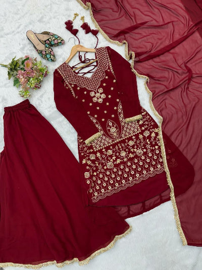 Deep Red Embroidered Georgette Sharara Palazzo Suit Set
