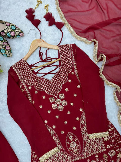 Deep Red Embroidered Georgette Sharara Palazzo Suit Set