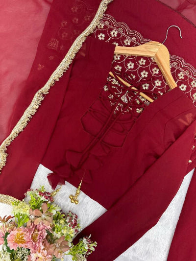 Deep Red Embroidered Georgette Sharara Palazzo Suit Set