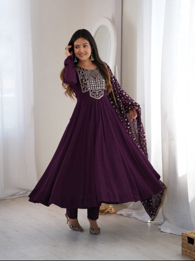 Purple Embroidered Georgette Anarkali Suit with Dupatta