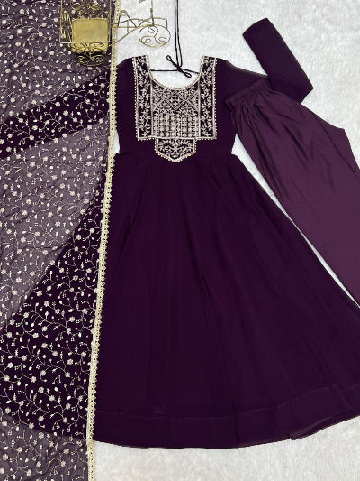 Purple Embroidered Georgette Anarkali Suit with Dupatta