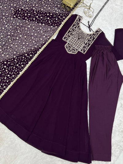 Purple Embroidered Georgette Anarkali Suit with Dupatta