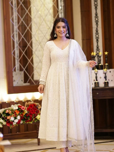 Creamy White Schiffli Work Anarkali Suit Set