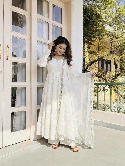 Creamy White Schiffli Work Anarkali Suit Set