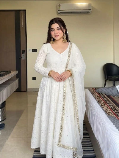 Creamy White Schiffli Work Anarkali Suit Set