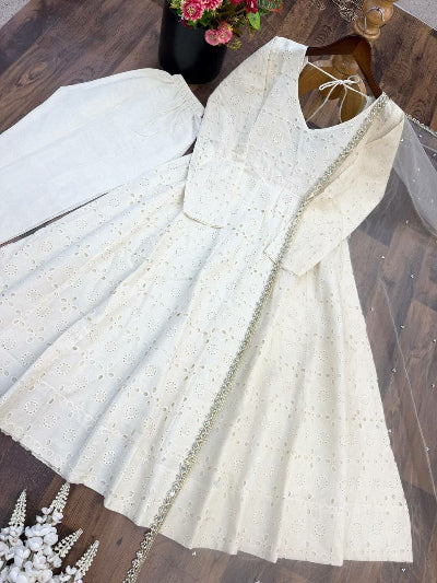 Creamy White Schiffli Work Anarkali Suit Set